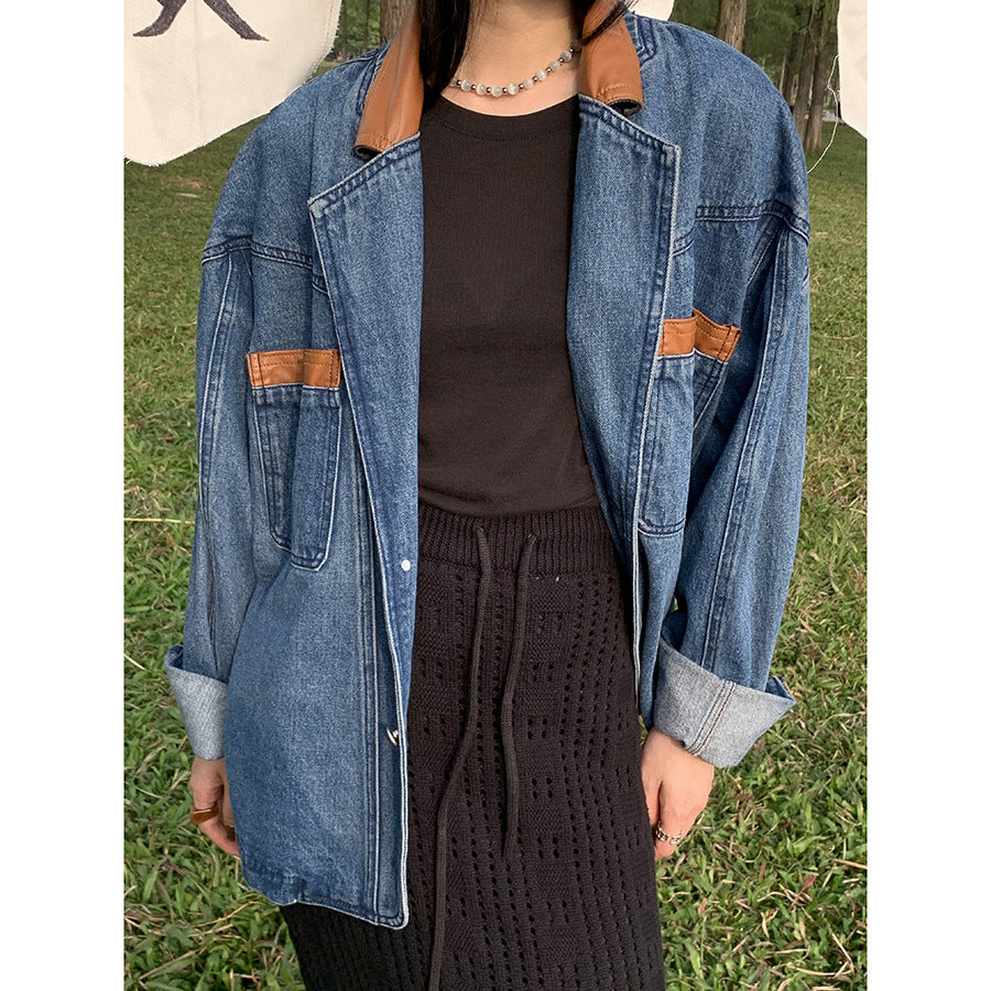 Jacket Women Loose PU Leather Stitching Denim Jacket Women Jacket Women Loose PU Leather Stitching Denim Jacket Women