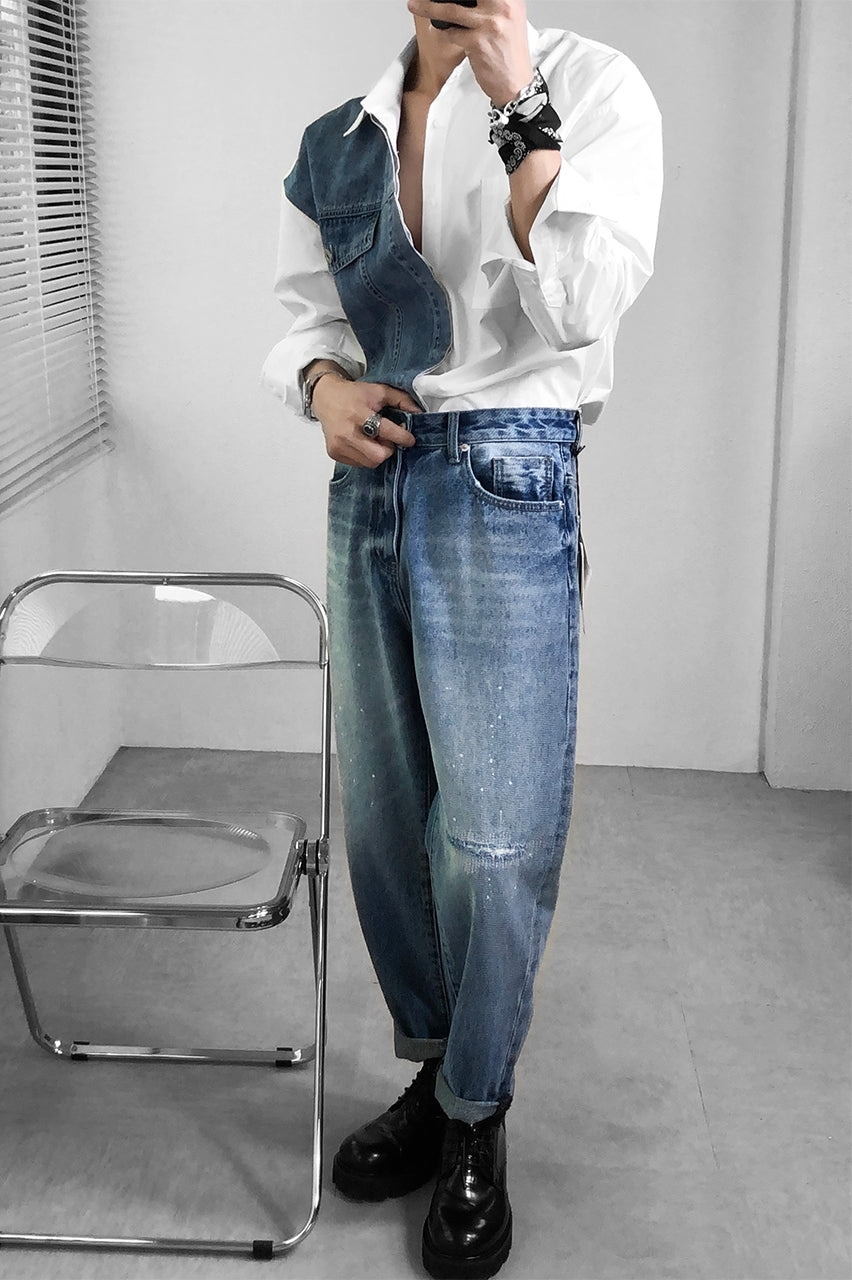 Longdaodao Spring New Denim Splicing Shirt Men"s Design Longdaodao Spring New Denim Splicing Shirt Men"s Design