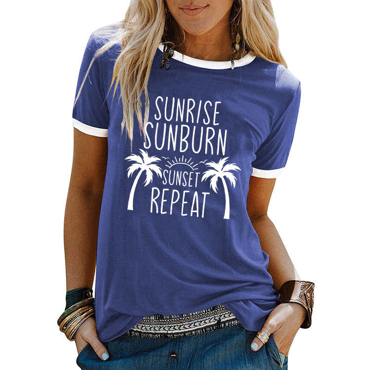 Street Coconut Tree Printed Women's Round Neck Short Sleeves