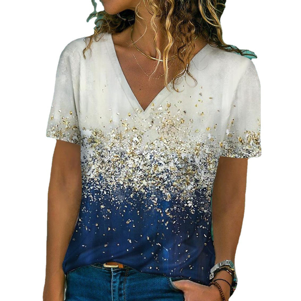 Digital Printed V-neck Short Sleeved Top