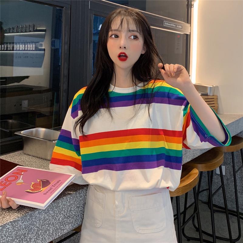 Summer New Korean Version Loose Large Rainbow Stripe Print Short Sleeve