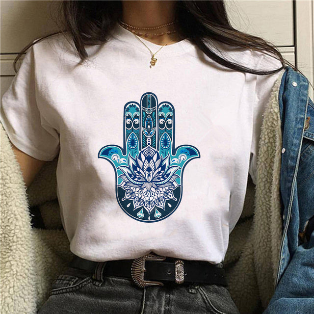 Fashion Lucky Hand Plus Size Round Neck Black Ladies Short Sleeves