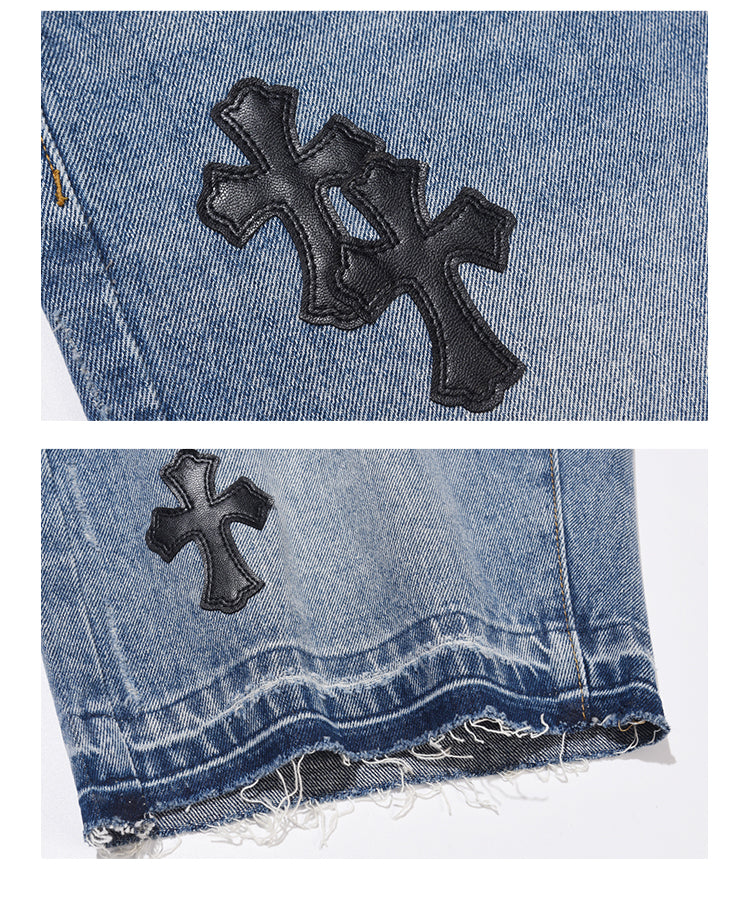 Embroidered Raw Edge Tide Brand Summer Casual Denim Shorts For Men