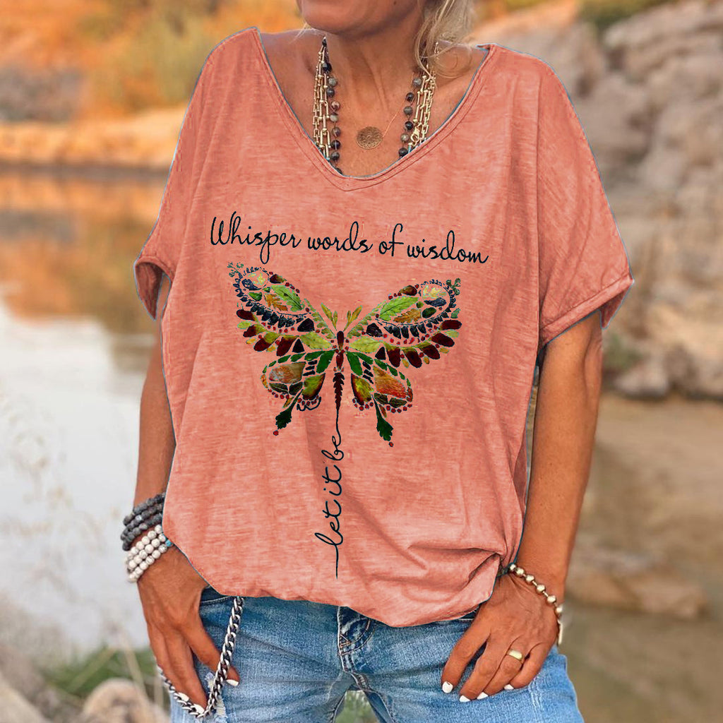 Ladies English Butterfly Print T-Shirt Loose