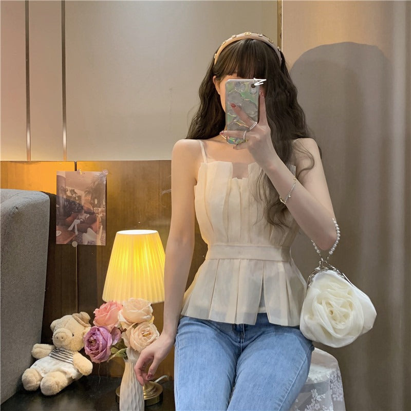Spring New Design Sense Niche Short Ruffled Beauty Back Top