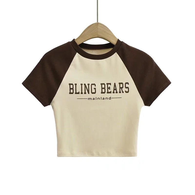Color Blocking Letter Printed Round Neck Short Sleeve