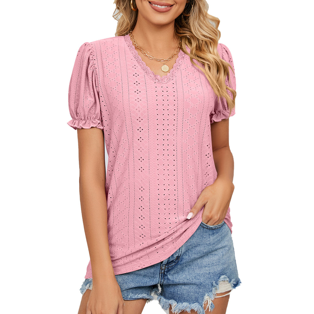 Solid Color Lace Patchwork Princess Sleeve Hollow Top