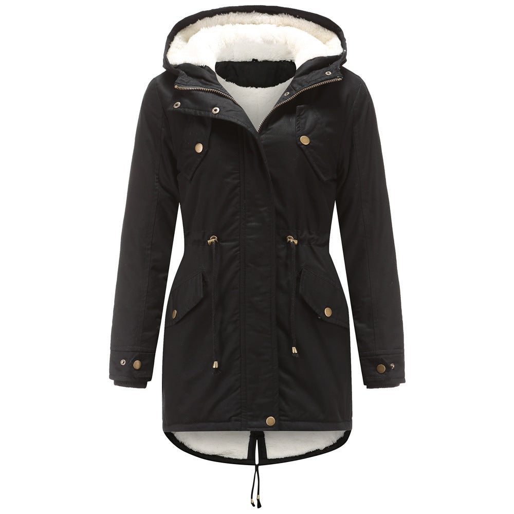Women's Solid Color Hooded Parka Thick Cotton Plus Fleece Cotton Coat