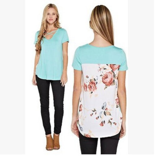 Women's Printed Patchwork Short Sleeved Loose Fitting