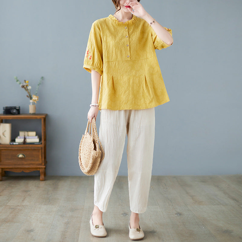 Plus Size Cotton Linen Jacquard Embroidered Loose Top Harem Pants Suit