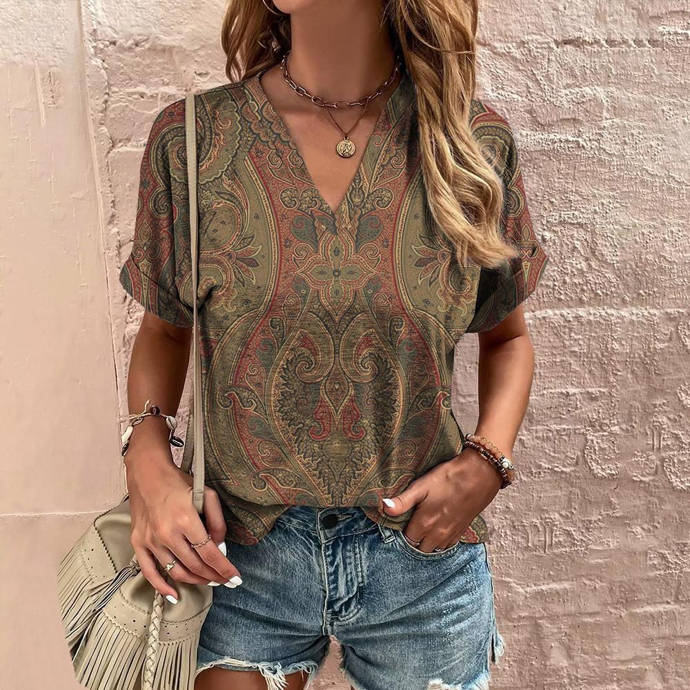Printed T-shirt Ethnic V-neck Summer Short Sleeve