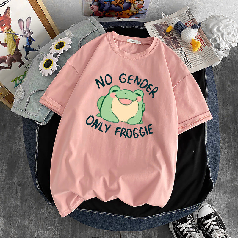 Frog Print Round Neck Loose Men's And Women's T-shirt