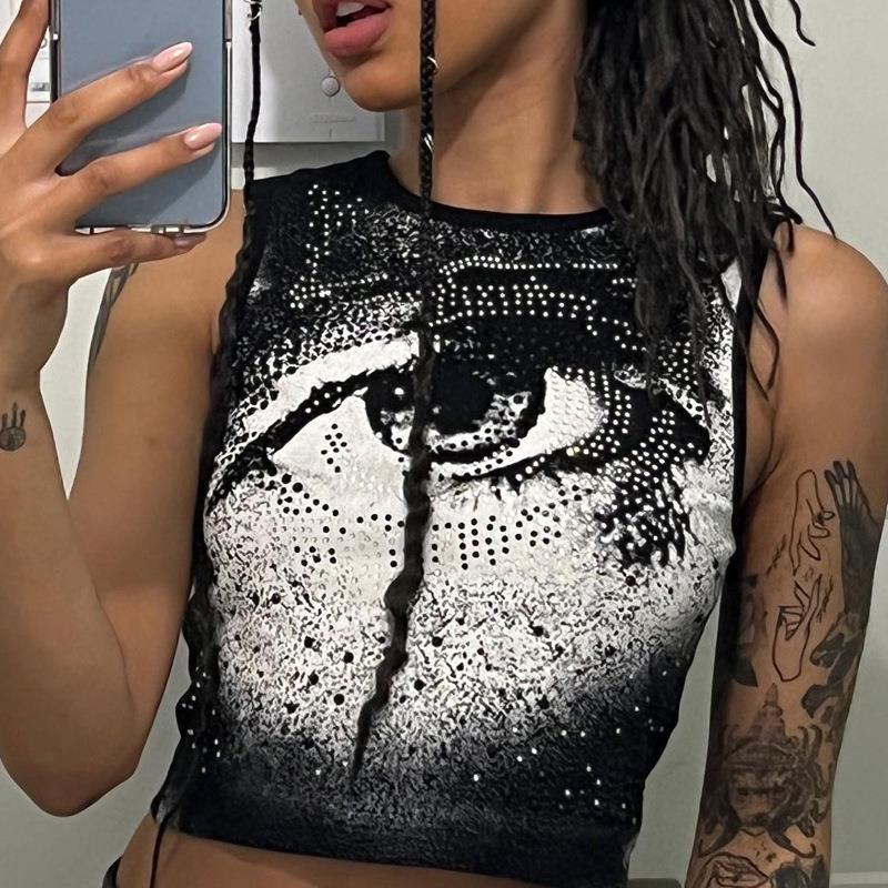 Women's New Spring Fashion Print Slim Round Neck Sleeveless Navel Revealing Vest