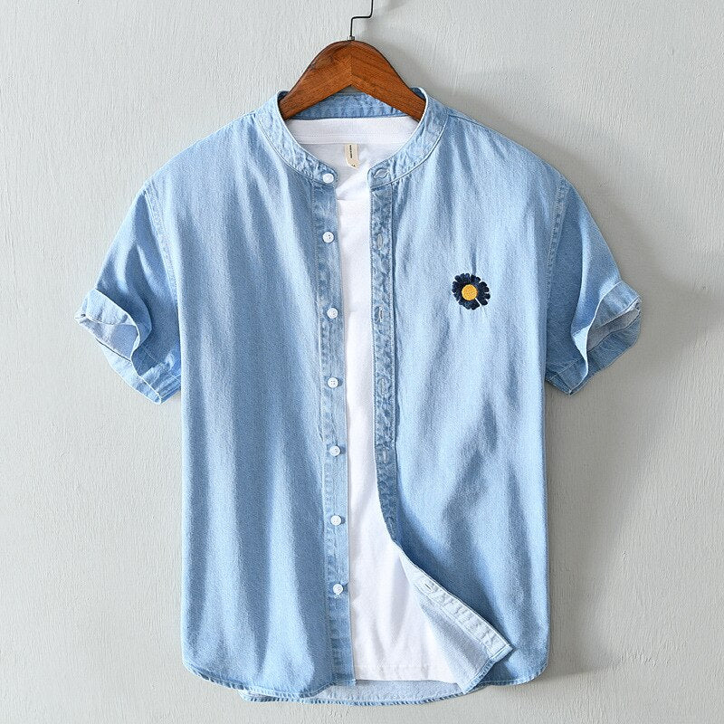 Denim Short-sleeved Men's Japanese Men's Shirt Loose Light-colored Denim Shirt