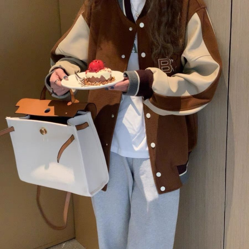 Retro Brown Baseball Jacket Women Loose Jacket Retro Brown Baseball Jacket Women Loose Jacket