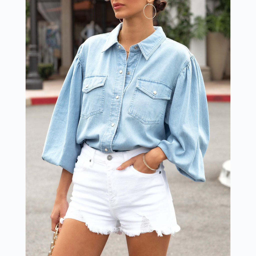 Autumn And Winter Bubble Sleeve Single-breasted Washed Denim Shirt For Women