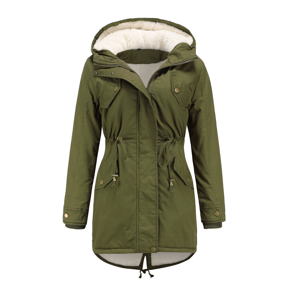 Women's Solid Color Hooded Parka Thick Cotton Plus Fleece Cotton Coat