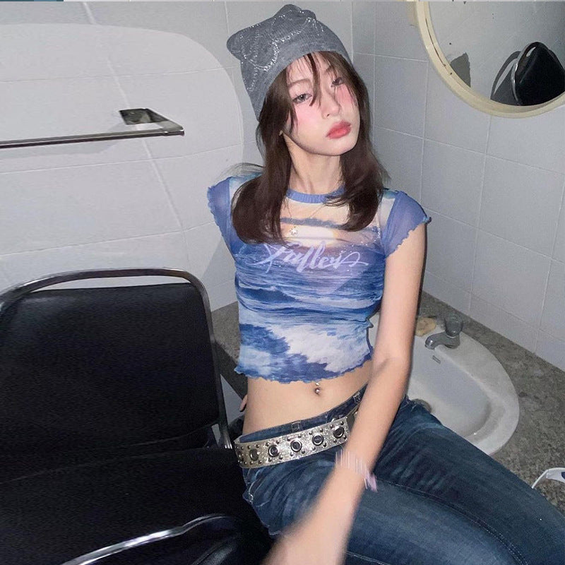 Summer New Personalized Printed Mesh See-through Sexy Tight-fitting Umbilical Cord T-shirt Top