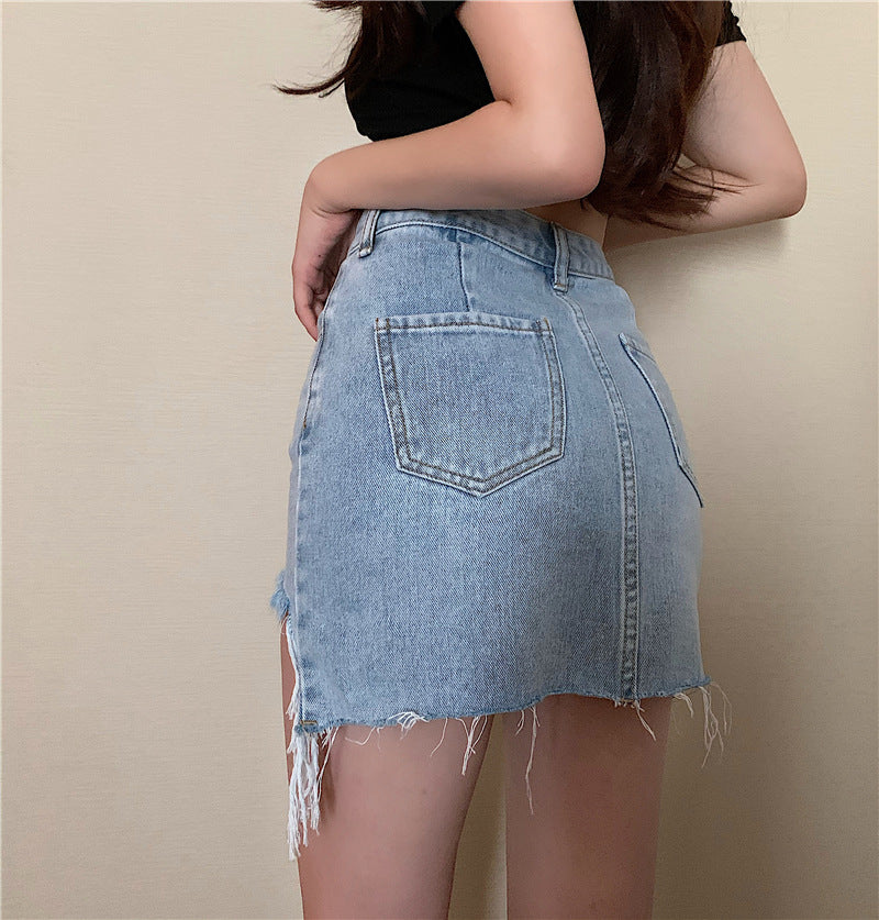 Denim Skirt Women Retro Irregular High Waist