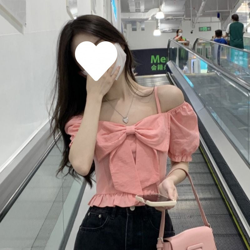 Off Shoulder Short Top For Women's Sweet And Unique Square Neck Bubble Sleeves