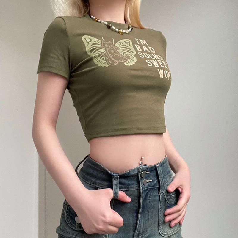 Casual Personality Spicy Girl Letter Print Round Neck T-shirt Top