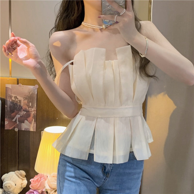 Spring New Design Sense Niche Short Ruffled Beauty Back Top