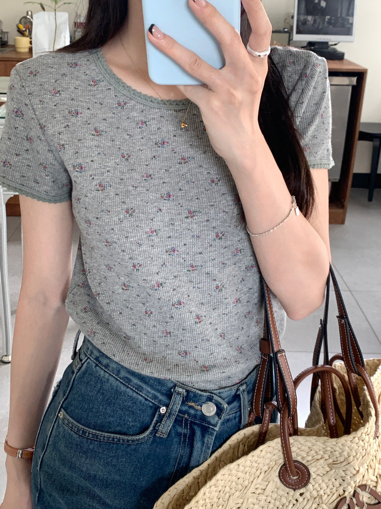 Fresh Floral Lace-collared Blouse Loose Round Neck Slim-fit Short Sleeve