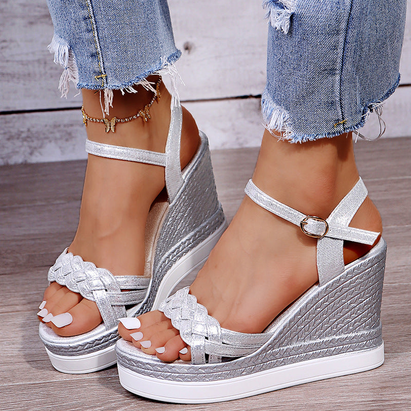 One Word Buckle Platform High Heel Net Red Wedge Women Shoes