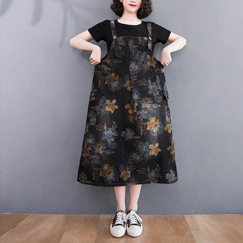 Spring Summer New Vintage Print Denim Strap Dress Women