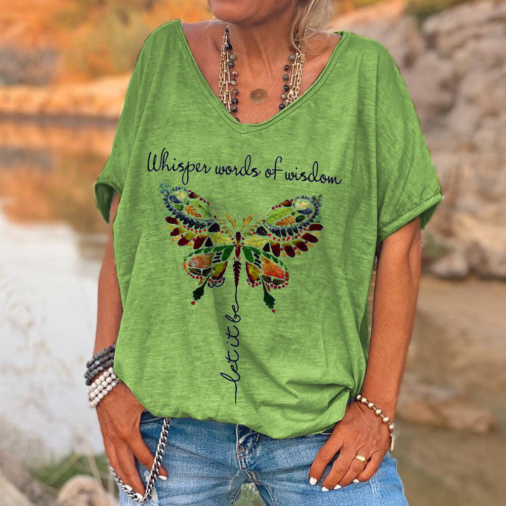 Ladies English Butterfly Print T-Shirt Loose