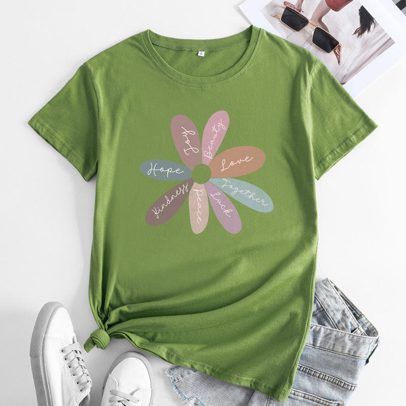 Flower Letter Fashion Round Neck Short Sleeve