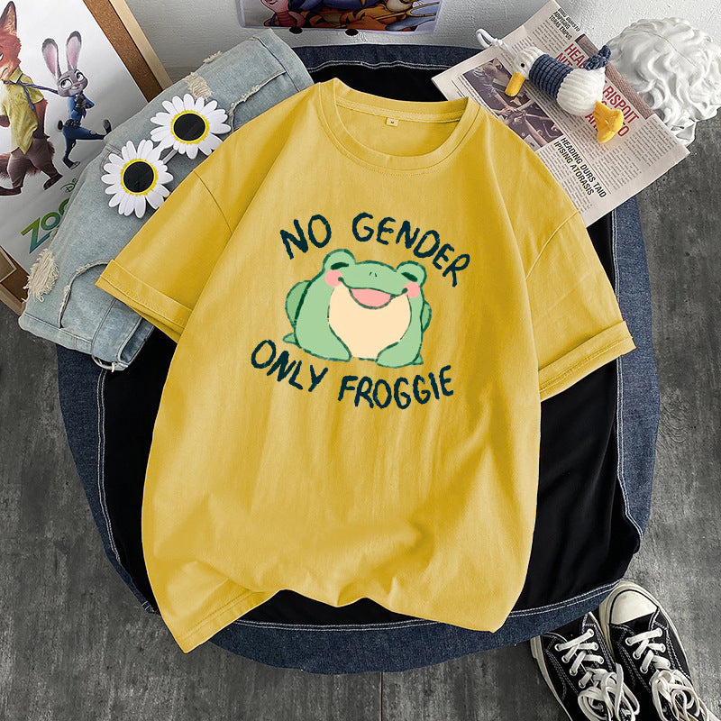 Frog Print Round Neck Loose Men's And Women's T-shirt
