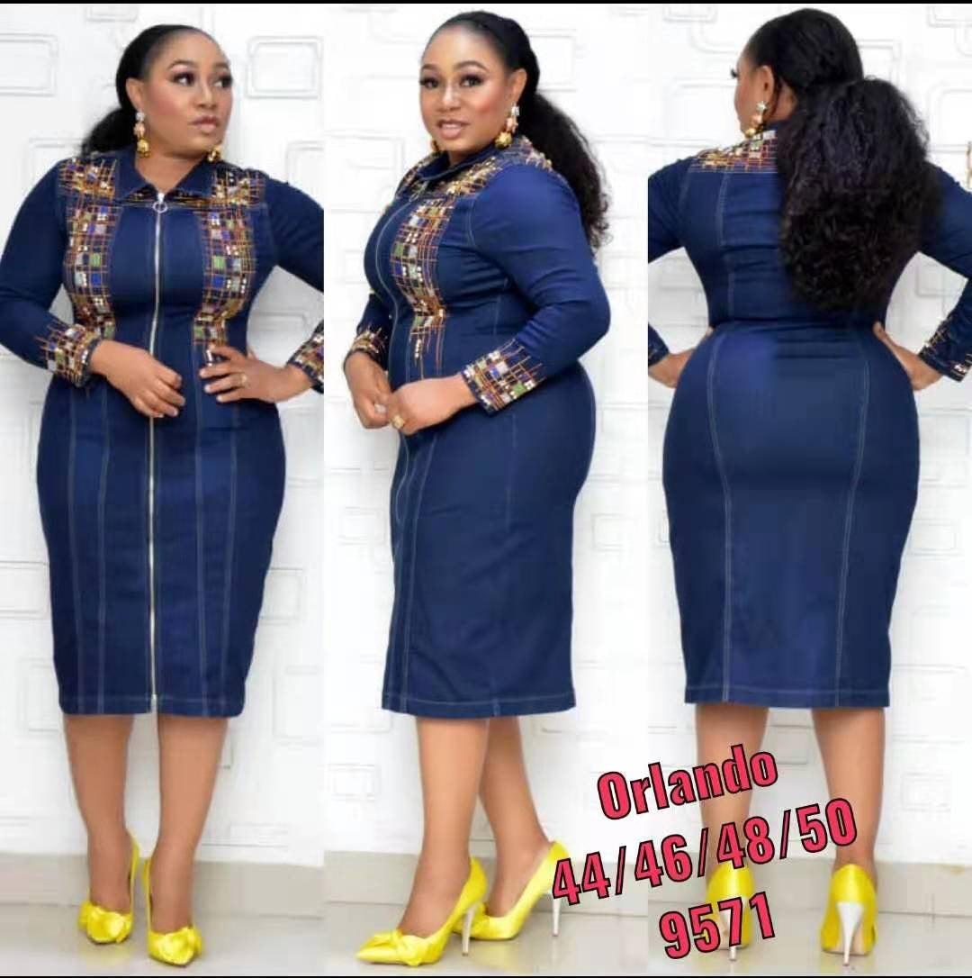 Washed Denim Print African Dress Women Washed Denim Print African Dress Women