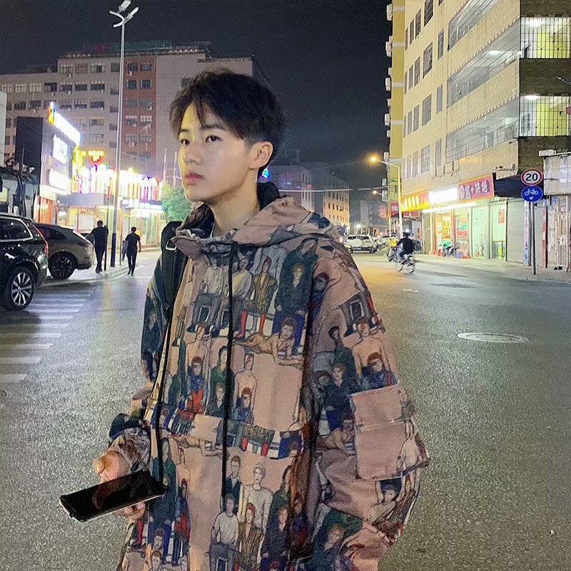 Hooded Jacket Men Graffiti Print Trend Pullover Top Plus Size Jacket Men