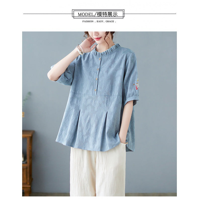 Plus Size Cotton Linen Jacquard Embroidered Loose Top Harem Pants Suit