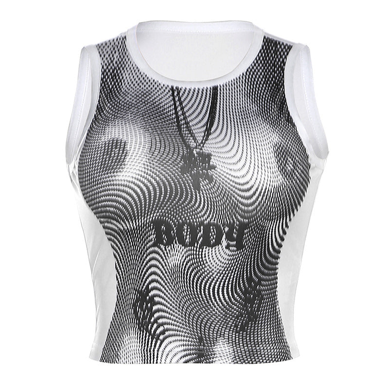 The New Round Neck Print Slim Body Revealing Umbilical Cord Inside The Small Undershirt