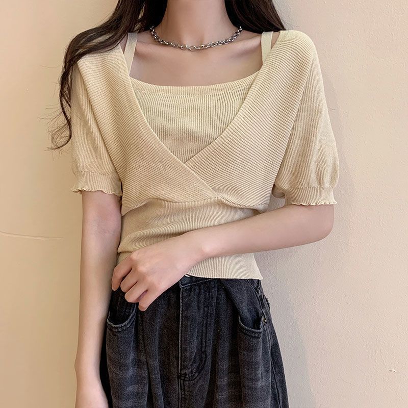Design Fake Two-piece Waistband Short Sleeved Knit Shirt For Women