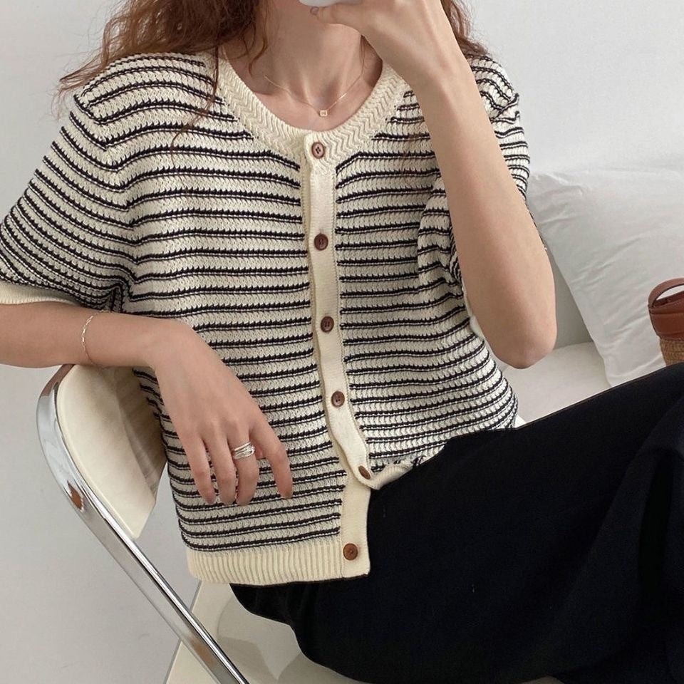 Women's Short-sleeved Striped Knitted Cardigan T-shirt Design Sense