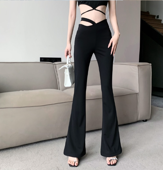 X414 การออกแบบความรู้สึกเอวสูงกลวงออกเกือกม้ากางเกงผู้หญิงใหม่กระชับสัดส่วนกางเกงถูพื้นไมโครลาทรงสลิมฟิต