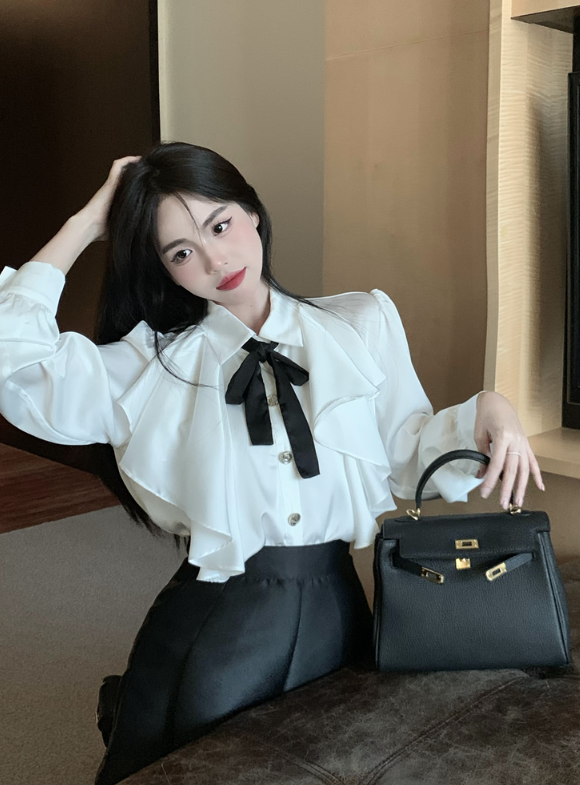 X152 Bow polo collar shirt versatile black celebrity culottes