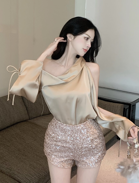 X390 ladies satin strapless design sense shirt + high waist  sequined shorts summer new style
