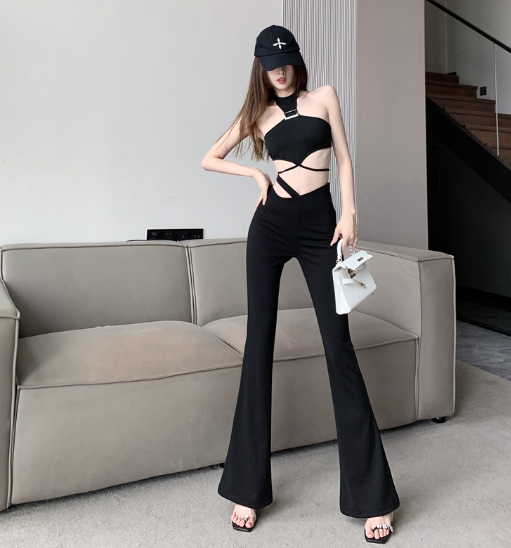 X414 การออกแบบความรู้สึกเอวสูงกลวงออกเกือกม้ากางเกงผู้หญิงใหม่กระชับสัดส่วนกางเกงถูพื้นไมโครลาทรงสลิมฟิต