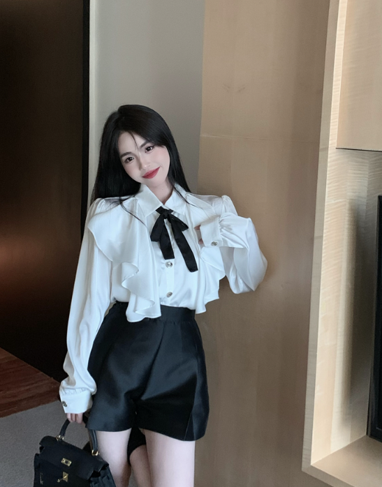 X152 Bow polo collar shirt versatile black celebrity culottes