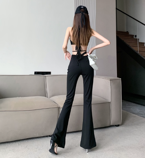 X414 การออกแบบความรู้สึกเอวสูงกลวงออกเกือกม้ากางเกงผู้หญิงใหม่กระชับสัดส่วนกางเกงถูพื้นไมโครลาทรงสลิมฟิต