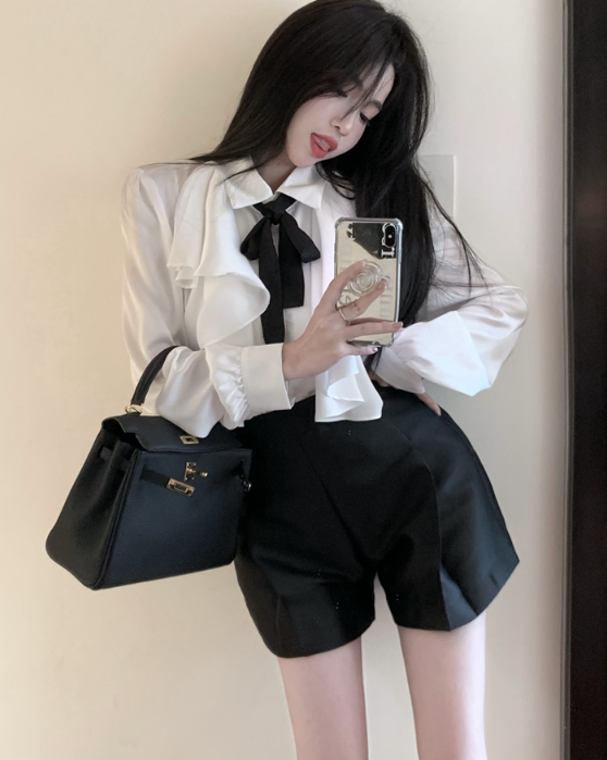 X152 Bow polo collar shirt versatile black celebrity culottes
