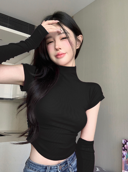 X324 เสื้อยืดคอกลมสูงครึ่งจุดผู้หญิงเสื้อท่อนล่างสั้นพร้อมแขนทารก