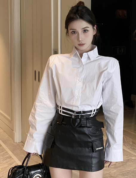 X325 แฟชั่นผ้าคาดไหล่แต่งเข็มขัดคู่เสื้อตัวในสั้น