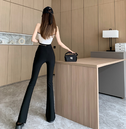 X326 spring and summer new pants high-waisted V-waist black legs slender  temperament trousers slit flared trousers