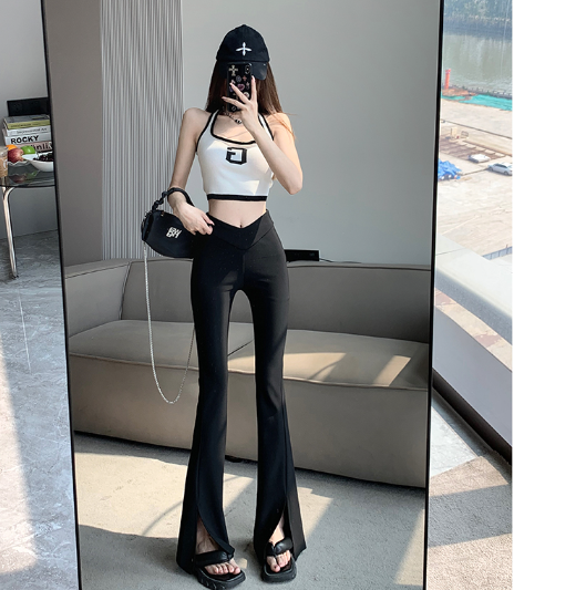 X326 spring and summer new pants high-waisted V-waist black legs slender  temperament trousers slit flared trousers