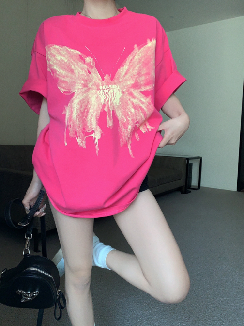 X472 เสื้อยืดแขนสั้นผู้หญิงลายผีเสื้อ